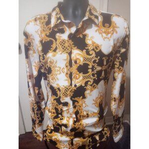 Baroque Gold Stretch Shirt Mens Large L Geometric Luxury Designer Long Sleeve